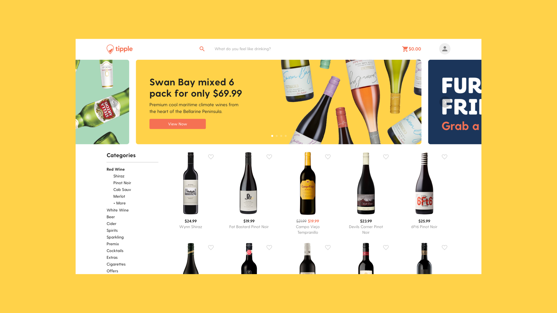 Tipple alcohol delivery website design. Swan bay mixed 6 pack banner is showing in yellow with Whynns Shiraz, Fat Bastard Pinot Noir, Campo Viejo Tempranillo, Devil's Corner Pinot Noir, 6FT6 Pinot Noir, Pepperjack Cabernet Sauvignon, Alpha Box & Dice and other red varieties. Login screen design for Tipple alcohol delivery showing social logins and username and password form fields. Image is contained in a yellow background