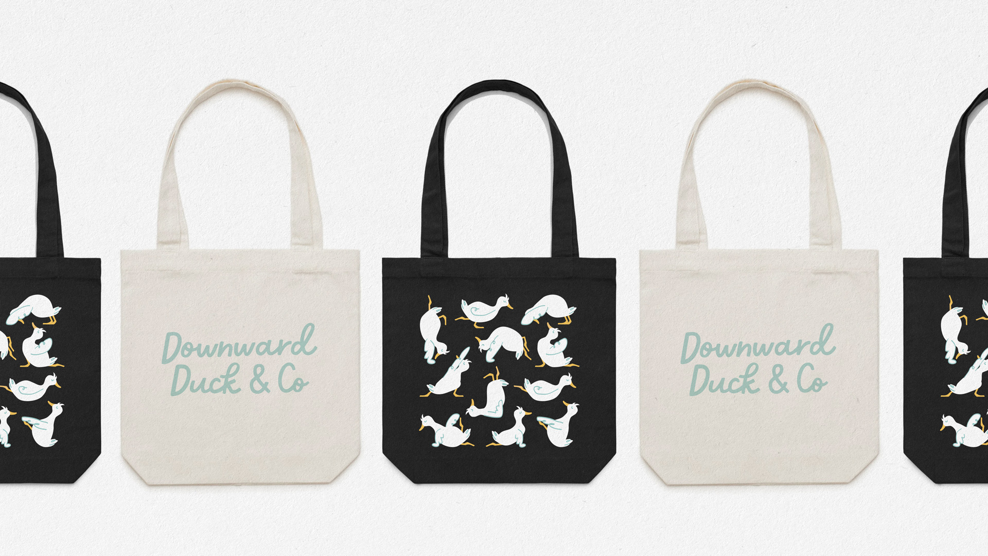 Downward Duck & Co tote bag design in black and white.
